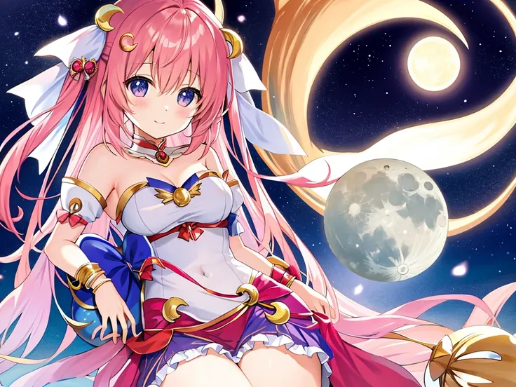 dream、A cute  sitting on a model of a large crescent moon、An illustration、anime、goddess of the moon、Artemis、