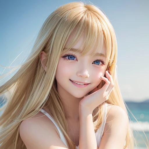 Beautiful super long straight silky hair shining dazzling golden color、bright look、blonde girl posing、long golden bangs between the eyes of the eyes,、fair skin with glossy skin、pink cheeks、shiny cheeks、Real Girl、Beautiful girl in shining golden platinum bl...