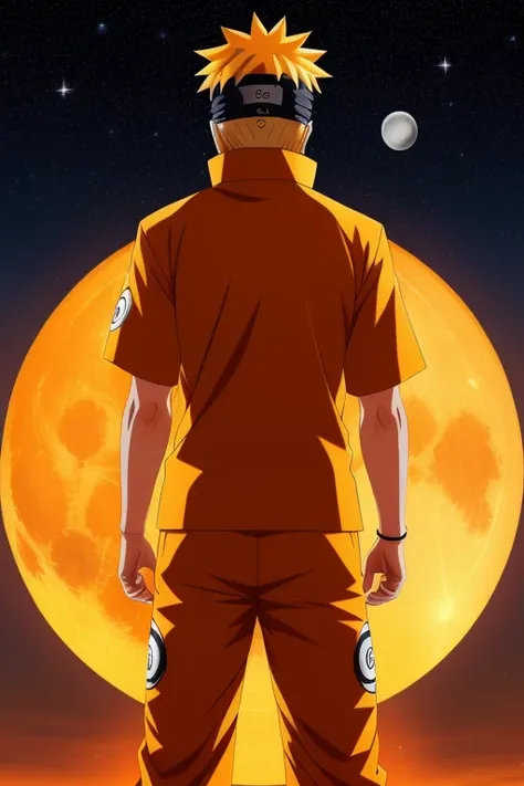 Naruto Uzumaki ,Naruto clothes , headband,  blond spiky hair ,orange suit ,  standing , looking up ,from behind , white full moon, galaxy background , stars in the sky ,  dark background , wallpaper , 8k , ultra HD  