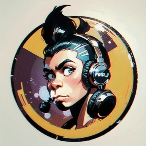 (best quality,highres),round vinyl album sticker,ape with a boring face,monkey,big round ears,mohawk hairstyle,((Dj headphones are floating below the face)),transparent background,colorful,eye-catching,vibrant,vintage style,cartoonish,retro vibes