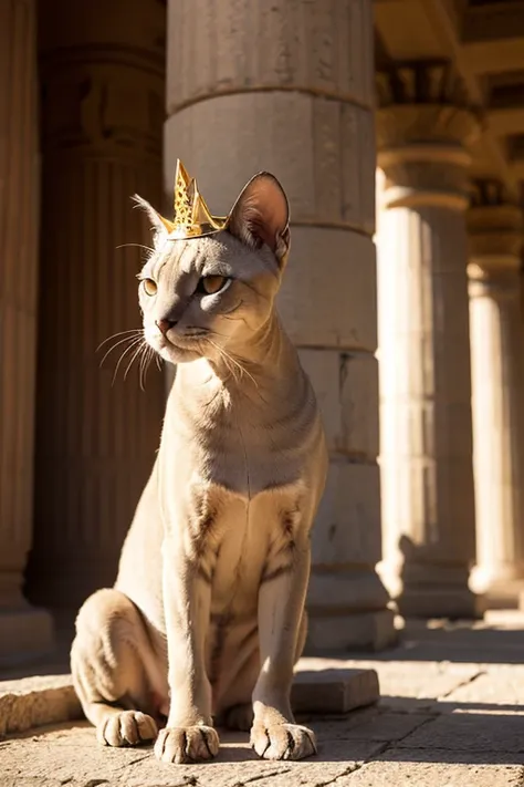 realistic image; Animale chat sphynx; with an ancient Egyptian crown; Dans un temple pharaon; natural light;