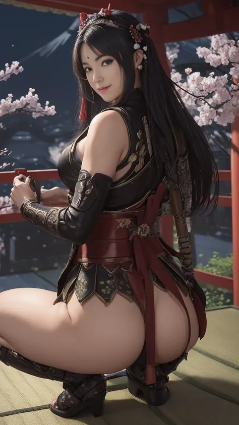 (Japanese:1.4)、(super detailed:1.5)、Beautiful Female Ninja、Lots of weapons、With weapons,Unblemished skin,spread legs、squat、night、on the cherry tree、Smile、(realistic:0.9),side、thighs、highest quality、masterpiece、perfect face、40 years old、view from behind