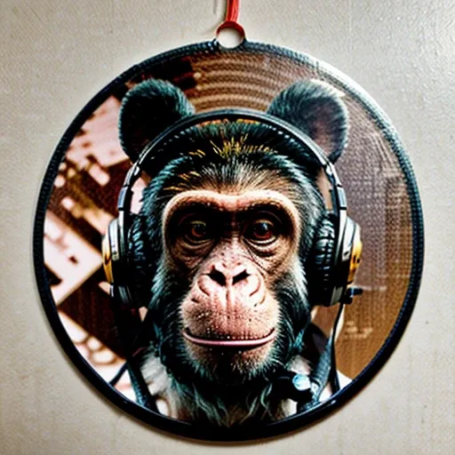 (best quality,highres),round vinyl album sticker,ape with a boring face,((monkey)),big round ears,mohawk hairstyle,((Dj headphones are floating below the face)),transparent background,colorful,eye-catching,vibrant,vintage style,cartoonish,retro vibes