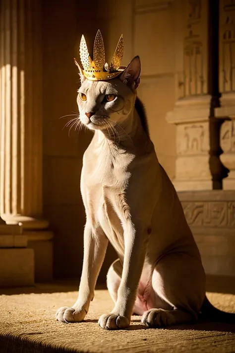 realistic image; animale chat sphynx; with an ancient egyptian crown; dans un temple pharaon; natural light;