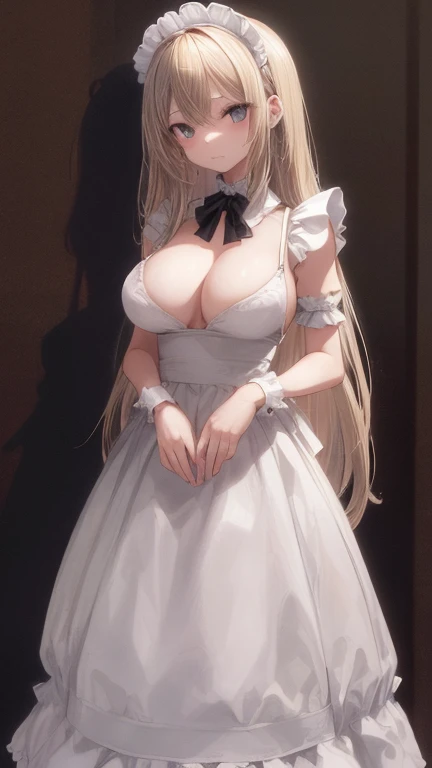 (masterpiece, highest quality), whole body, 1 female, alone, maid dress, Classic Maid，Standing picture，whole body，long，long hair，big breasts，Pause，Put your hands on your face，slouch，