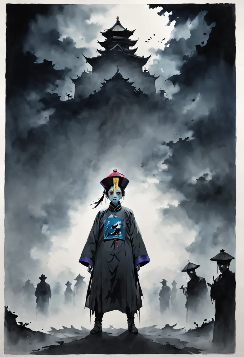 a tall black terrifying qing dynasty zombie man wears zombie_hat and huangfu paper on the forehead in the middle of the face , i...