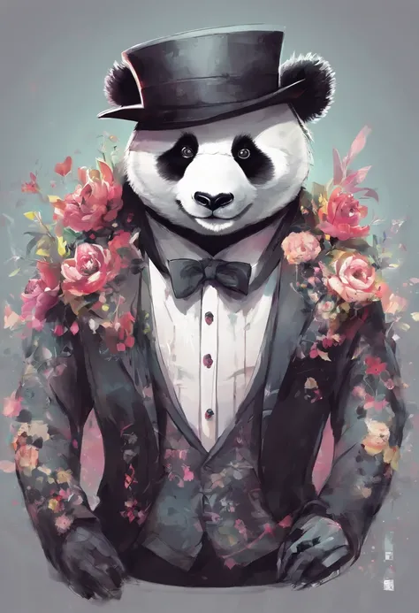 anthropomorphic panda, de cuerpo entero, vestido formalmente con un blazer, sostiene una bandeja, pegatina de panda, sticker de panda.