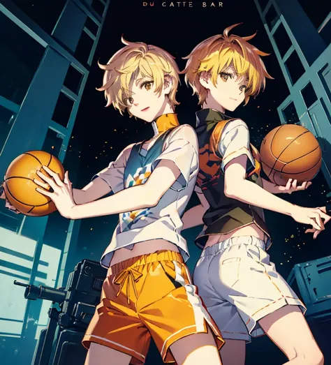 Anime characters，Two-dimensional image，1 boy, blonde hair, orange eyes, side parted hair, short sleeve shirt, shorts, Holding a basketball on the fingers of the right hand, Hold his hip with your left hand, smiling，shorts上有一个大凸起