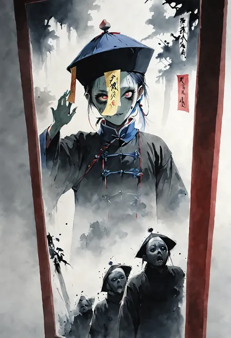 a tall black terrifying qing dynasty zombie man wears zombie_hat and huangfu paper on the forehead in the middle of the face , i...