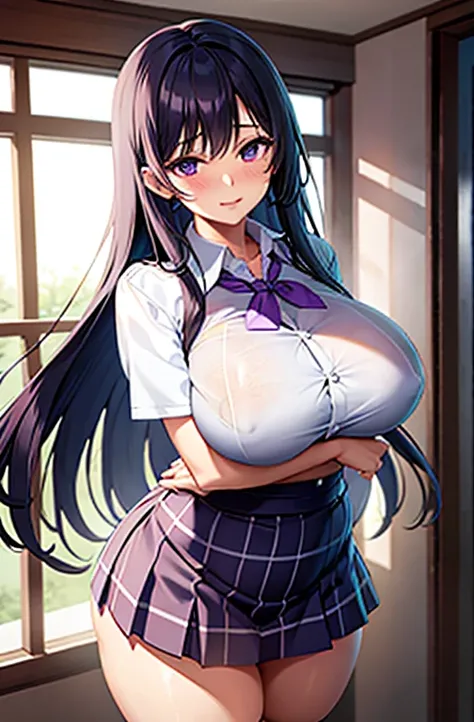 High school girl in white blouse and purple checked skirt, purple checked skirt, long black hair untied, pinched eyes, long lashes, well-styled and rather large breasts, white underwear and skirt rolled up, pose emphasizing big, naughty big, naughty thighs...