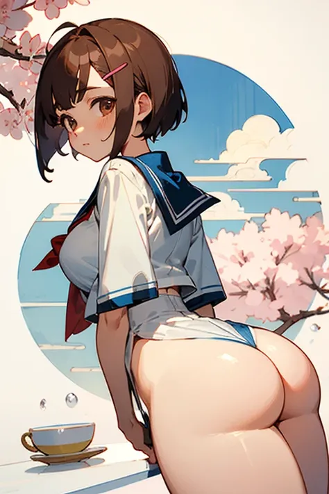 ((best quality)), ((masterpiece)), (detailed), perfect face of a Japanese anime girl, short back or bodhaircut, dark brown eyes, a Sakura hairclip on her hair, sailor uniform, pear body type, big butt, cup d breast