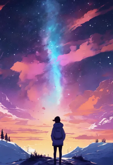 A scene from a movie where a dog and a girl are sitting looking up at the sky. A town at night with falling powder snow. A gentle time. A magnificent landscape of space and starry skies, planets and the moon. The back view, a soft expression. Wrapped in th...