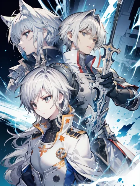 anime characters，Two-dimensional image，1 boy,alone,white hair,gray eyes,(( Templar Silver and Knight Set)), wolf ears, wolf tail, serious face, masterpiece, HD, 4K,((Lightning and thunder at night)),facial details,((attacking with sword))