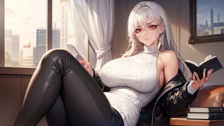 (Best quality, 4k, Masterpiece :1.3, 8k, ultra-detailed, ultra-masterpiece), mature pretty woman, ultra-detailed face, detailed lips, full lips, detailed eyes, double eyelid, wide hips, thick thighs, smooth skin, (big breasts:1.4), ((white hair)), ((red ey...