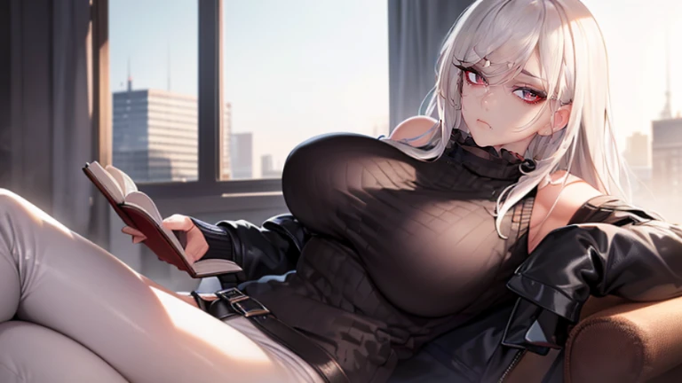 (Best quality, 4k, Masterpiece :1.3, 8k, ultra-detailed, ultra-masterpiece), mature pretty woman, ultra-detailed face, detailed lips, full lips, detailed eyes, double eyelid, wide hips, thick thighs, smooth skin, (big breasts:1.4), ((white hair)), ((red ey...