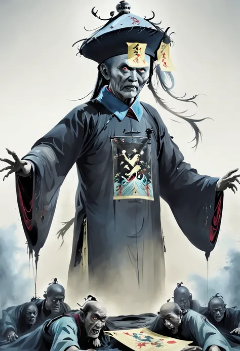 a tall black terrifying qing dynasty zombie old man wears zombie_hat and huangfu paper on the forehead in the middle of the face...