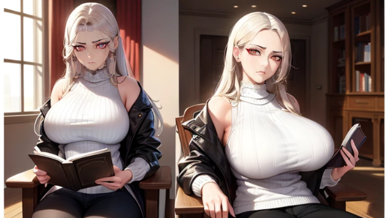 (Best quality, 4k, Masterpiece :1.3, 8k, ultra-detailed, ultra-masterpiece), mature pretty woman, ultra-detailed face, detailed lips, full lips, detailed eyes, double eyelid, wide hips, thick thighs, smooth skin, (big breasts:1.4), ((white hair)), ((red ey...