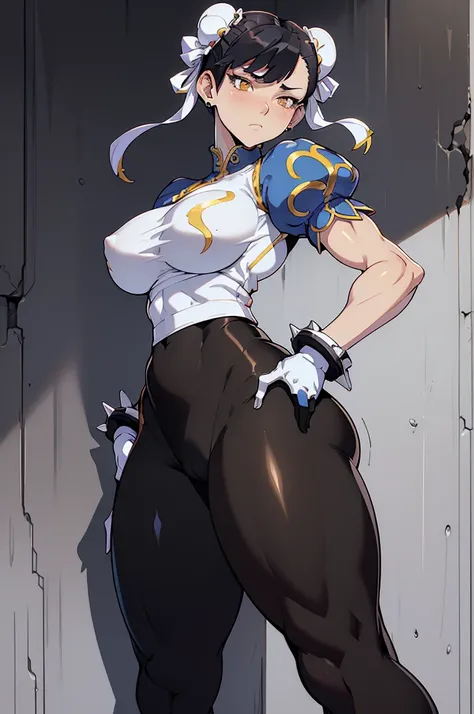 chun li,((multicolored hair, black hair, white hair)),short legging 1girl muscular pale skin black hair yellow eyes black against wall sad sad sad sad tight short leggings white thick thick thick thick muscular muscular muscular muscular muscular girl dark...