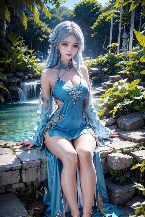 Create a full body short image of a beautiful Thai woman with a sweet face and a slim smile wearing a contemporary Thai dress in blue and silver with sparkling diamond jewelry. He wore a very large wig and had his hair pulled back very long, white with blu...