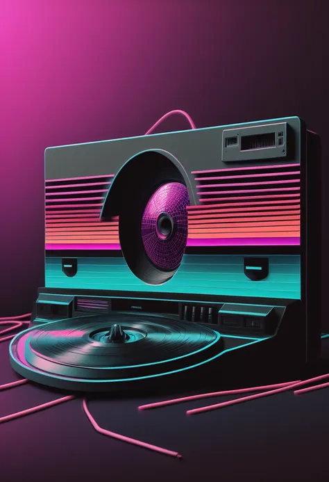 retrowave, synthwave, a vintage vinyl record, dusty, scratches, old-fashioned, worn-out, grooves, retro design, classic music, s...