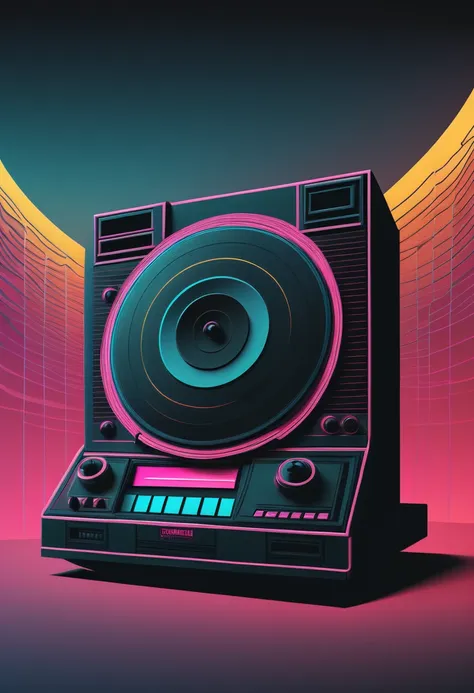 retrowave, synthwave, a vintage vinyl record, dusty, scratches, old-fashioned, worn-out, grooves, retro design, classic music, s...