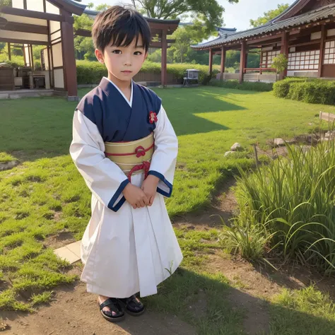  High resolution, Super detailed, masterpiece, highest quality,oriental、boy、Wearing traditional Japanese costumes、alone、boy doing farm work、