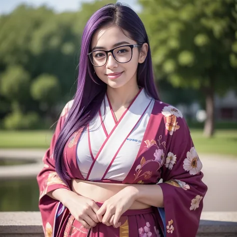 (masterpiece, best quality:1.4), (standing:1.5) (graceful pose:1), 1girl, solo, (european youth:1), arale, glasses, blue eyes, long hair, purple hair, with the word "ARALE", red kimono with floral printed, looking at viewer, beautiful smile, beautiful face...