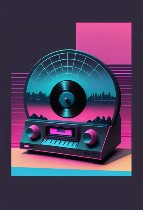 retrowave, synthwave, a vintage vinyl record, dusty, scratches, old-fashioned, worn-out, grooves, retro design, classic music, s...