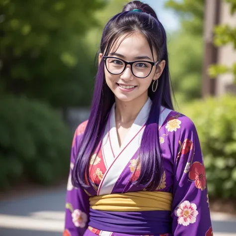 (masterpiece, best quality:1.4), (standing:1.5) (graceful pose:1), 1girl, solo, (european youth:1), arale, glasses, blue eyes, long hair, purple hair, with the word "ARALE", red kimono with floral printed, looking at viewer, beautiful smile, beautiful face...