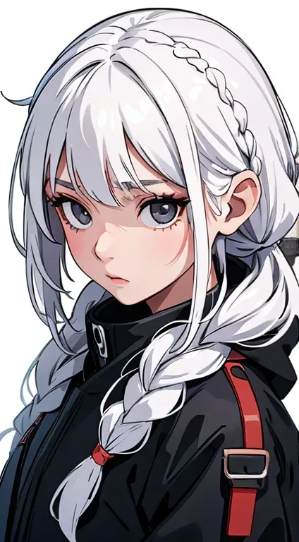 1 girl, black eyes, one eye cover, white background,  braid, white hair 