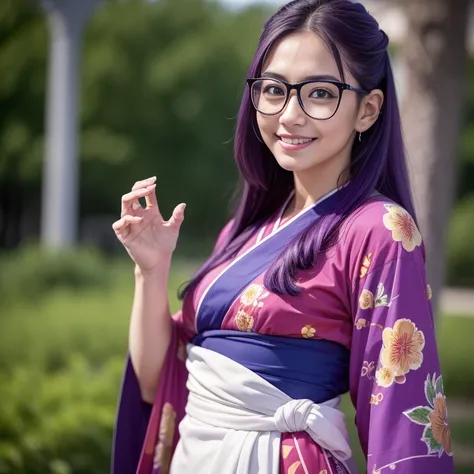 (masterpiece, best quality:1.4), (standing:1.5) (graceful pose:1), 1girl, solo, (european youth:1), arale, glasses, blue eyes, long hair, purple hair, with the word "ARALE", red kimono with floral printed, looking at viewer, beautiful smile, beautiful face...