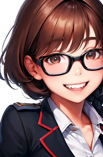 head shot,glasses,smile with visible teeth,uniform, adorable, girl, highest quality, ultra high resolution, photo-realistic, Super detailed, 8K, RAW photo NSFW
