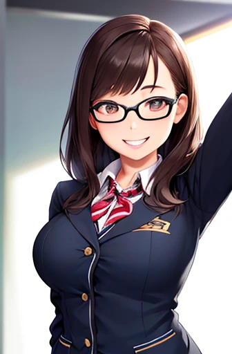 upper body shot,glasses,smile with visible teeth,school uniform, adorable, girl, highest quality, ultra high resolution, photo-realistic, Super detailed, 8K, RAW photo NSFW
