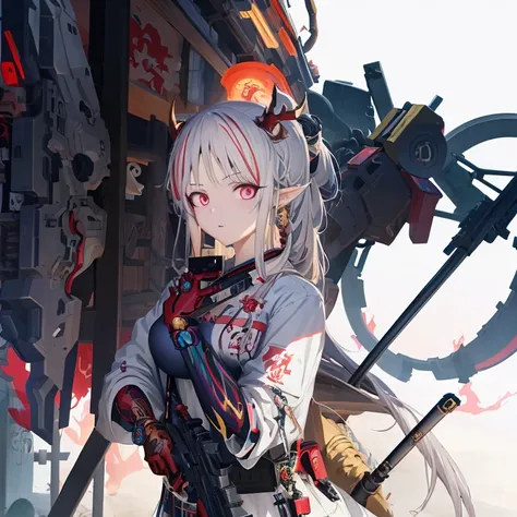 Anime girl holding skull and gun in hands, Best Anime 4K Konachan Wallpapers, mechanized witch, zero art, Anime mixed organically, guweiz on pixiv artstation, Detailed digital animation art, Mecha aesthetics, guweiz on artstation pixiv, 动漫Mecha aesthetics