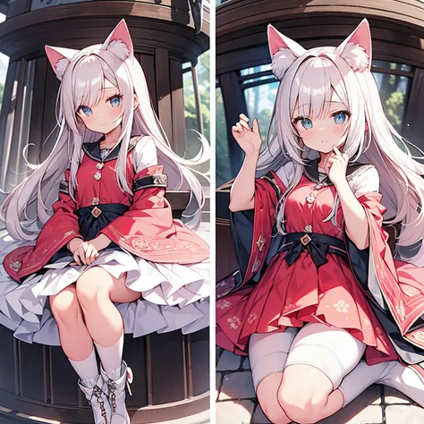 Cute garota com cat ears、（Sozinho 1.4）、Japanese anime style、Moe、（Imagem Completa 2.0）、Authentic and highly detailed body、pequeno、garota com、、10 anos de idade、cabelo comprido、franja、Um cabelo rosa、Authentic and highly detailed face、Beautiful eyes that are a...