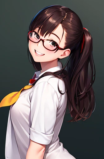 shoot from side,upper body shot,designer style,glasses,smile with visible teeth,school uniform, adorable, girl, highest quality, ultra high resolution, photo-realistic, Super detailed, 8K, RAW photo NSFW
