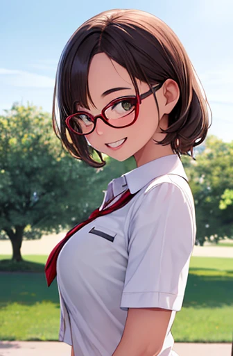 shoot from side,upper body shot,Painter style,glasses,smile with visible teeth,school uniform, adorable, girl, highest quality, ultra high resolution, photo-realistic, Super detailed, 8K, RAW photo NSFW
