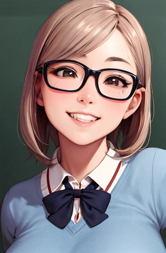 looking away:1.4,upper body shot,Painter style,glasses,smile with visible teeth,school uniform, adult woman, highest quality, ultra high resolution, photo-realistic, Super detailed, 9K, RAW photo NSFW
