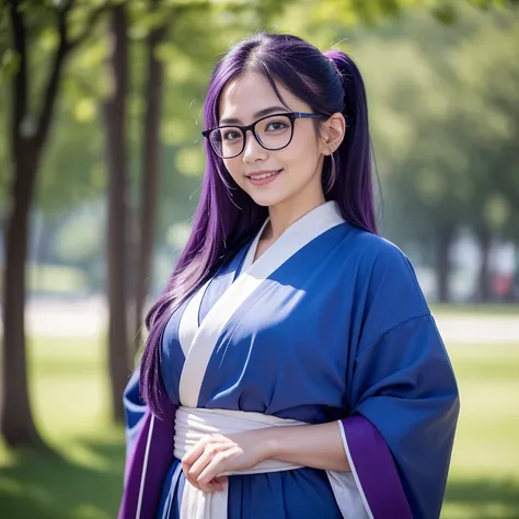 (masterpiece, best quality:1.4), (standing:1.5) (graceful pose:1), 1girl, solo, (european youth:1), arale, glasses, blue eyes, long straight hair, purple hair, ponytail, a strand of grey hair, with the word "ARALE", dark blue kimono, looking at viewer, bea...