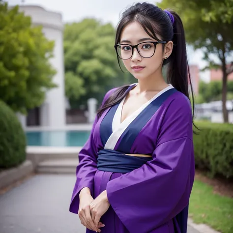 (masterpiece, best quality:1.4), (standing:1.5) (graceful pose:1), 1girl, solo, (european youth:1), arale, glasses, blue eyes, long straight hair, purple hair, ponytail, a strand of grey hair, with the word "ARALE", dark blue kimono, looking at viewer, bea...