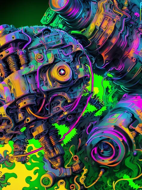 ink punk, (vaporwave aesthetic:1.8)，complex machinery，steampunk aesthetic，complex clockwork mechanism，complex gears，rotating gea...