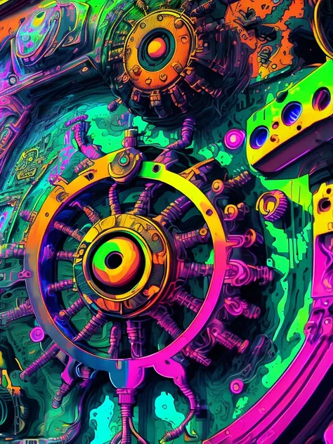 ink punk, (vaporwave aesthetic:1.8)，complex machinery，steampunk aesthetic，complex clockwork mechanism，complex gears，rotating gea...