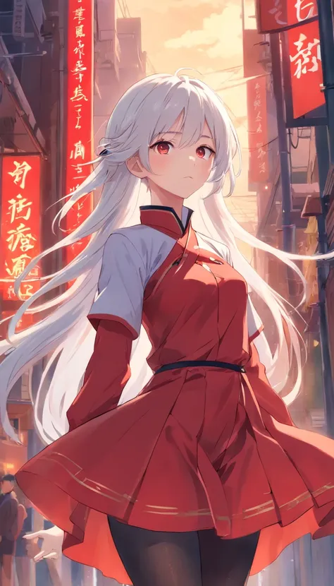 long white hair，pupil，red clothes，black stockings，Chinese style，The expression is very gentle，elder sister，cloud