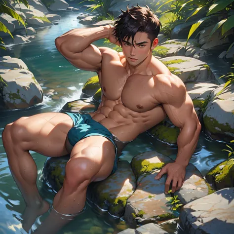 (best quality, highres, realistic:1.2), ultra-detailed, (portraits:1.1), 1 boy, male, defined abs, shirtless, lean body, strong arm muscles, sitting on a rock, surrounded by a serene onsen