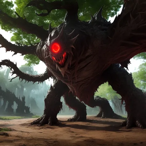 A huge monster with red eyes stands in the dirt, giant ethereal creature, Ultra-realistic fantasy monsters, created in unreal engine 5, rendered in unreal engine 5, unreal engine 4k wallpaper, Elden Ring Monster, Colossal evil, Advanced rendering in Unreal...