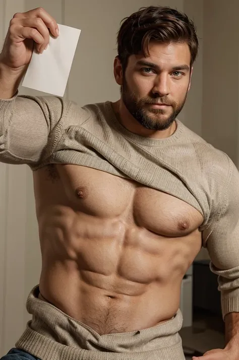 Create a selfie of a muscular man in a sweater with short brown hair and a full beard. His physique is very robust. He should hold a white sheet of paper with one hand