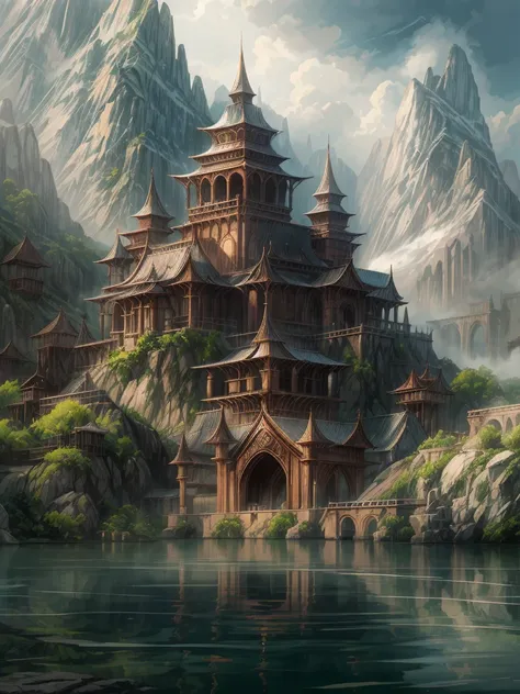 （（（masterpiece、Highest image quality、highest quality、highly detailed unity 8ｋwallpaper）））、（（fantasy））、monastery on the lake