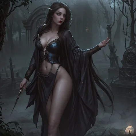 In the eerie and gothic ambiance of a moonlit cemetery, envision a solitary woman, her presence shrouded in both sorrow and allure, leaning gracefully against a crumbling mausoleum. Picture this desolate scene as the full moon casts an ethereal glow upon t...