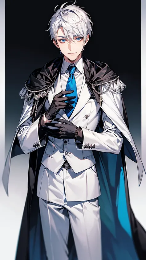 1young man,solo, male photo,confident smile, silver hair, ((short hair)), (short sideburns),light blue eyes, slant eyes,anatomically correct,blue ribbon tie,((black gloves)),((white cloak)),black suit,beautiful flowers on background,best quality, high qual...