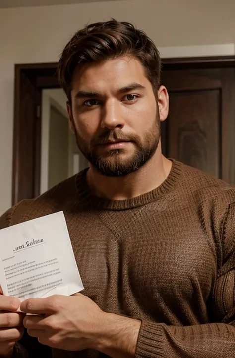 Create a portrait photo of a muscular man in a sweater with short brown hair and a full beard. His physique is very robust. He should hold a white sheet of paper with both hands